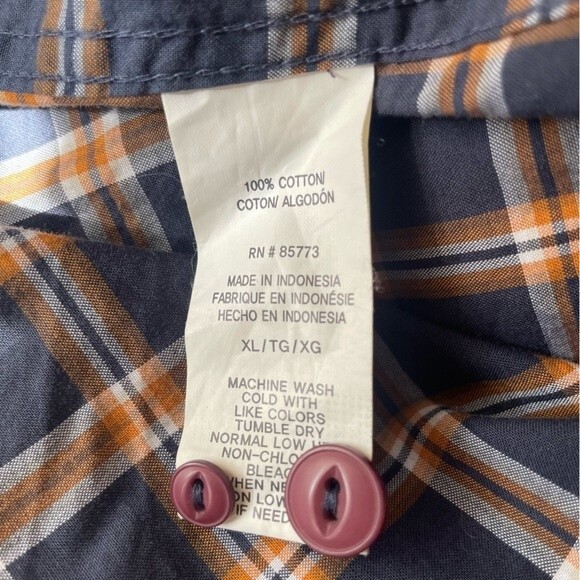 O'Neill Classic Fit Short Sleeve Button Down Navy and Orange Plaid Shirt, XL - Picture 5 of 5